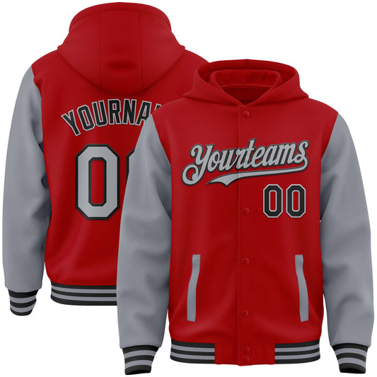 Custom Red Gray-Black Bomber Full-Snap Varsity Letterman Two Tone Hoodie Jacket - Main View