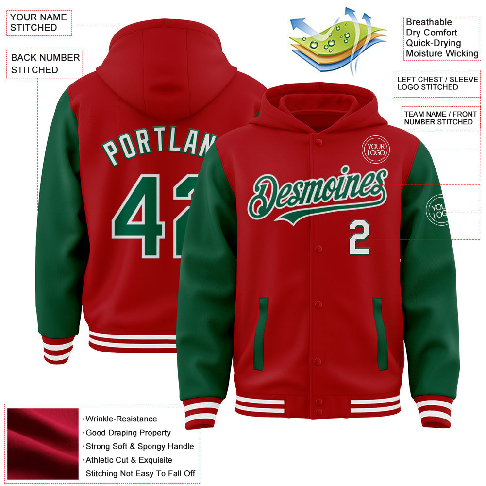 Custom Red Kelly Green-White Bomber Full-Snap Varsity Letterman Two Tone Hoodie Jacket view 3