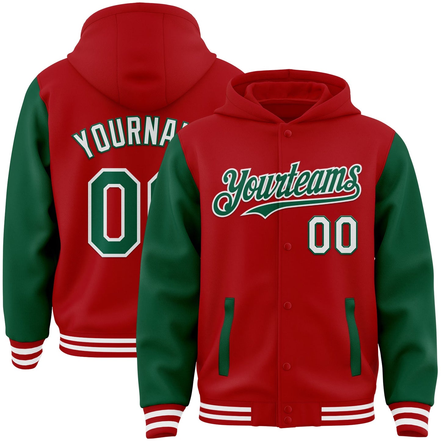 Custom Red Kelly Green-White Bomber Full-Snap Varsity Letterman Two Tone Hoodie Jacket - Main View