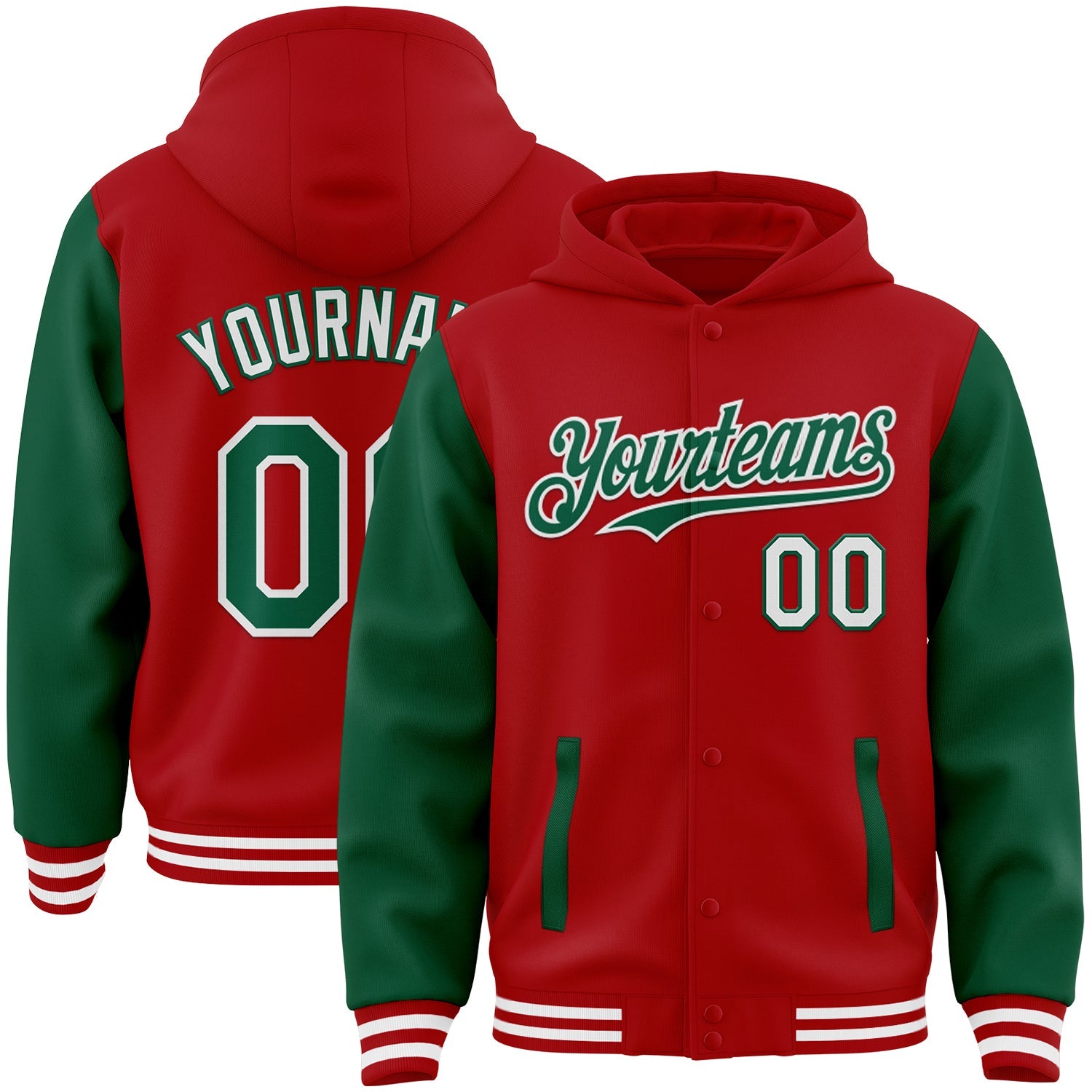 Custom Red Kelly Green-White Bomber Full-Snap Varsity Letterman Two Tone Hoodie Jacket - Main View