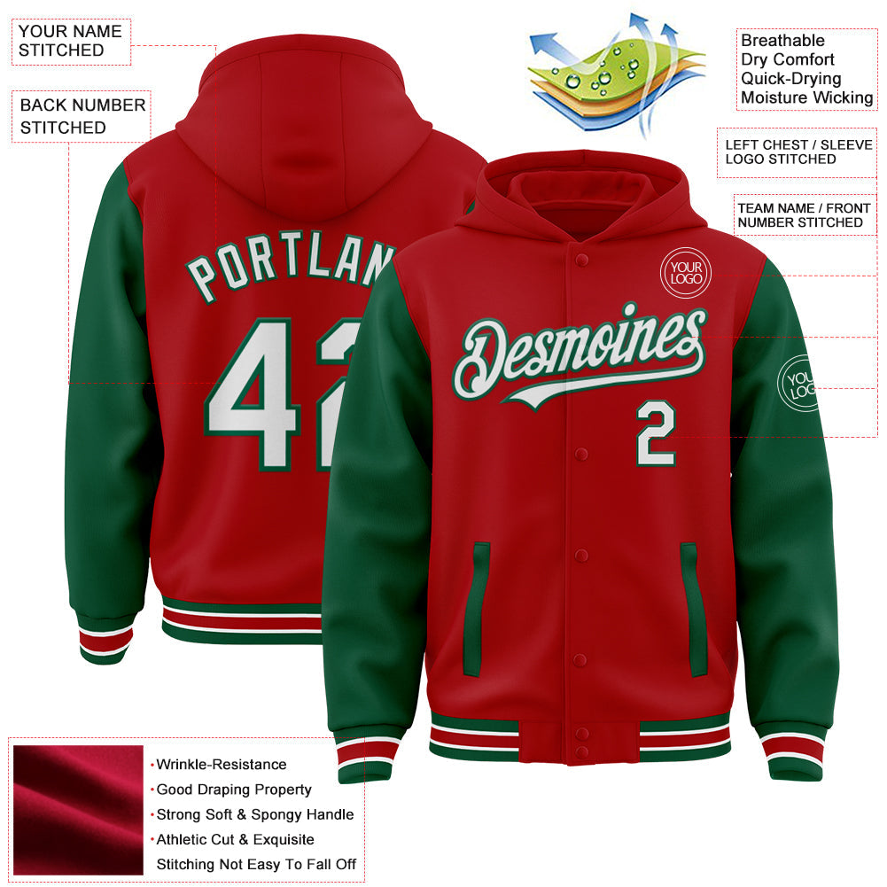 Custom Red White-Kelly Green Bomber Full-Snap Varsity Letterman Two Tone Hoodie Jacket view 3