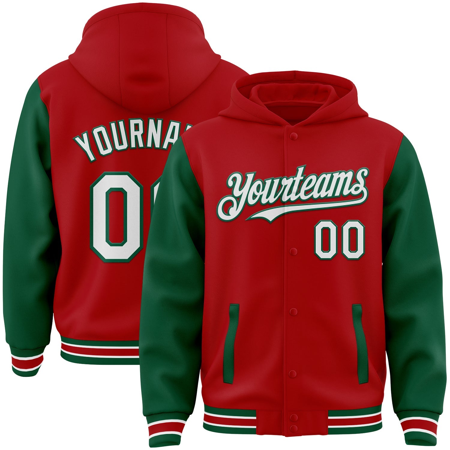 Custom Red White-Kelly Green Bomber Full-Snap Varsity Letterman Two Tone Hoodie Jacket - Main View