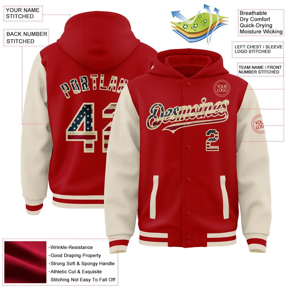 Custom Red Vintage USA Flag-Cream Bomber Full-Snap Varsity Letterman Two Tone Hoodie Jacket view 3