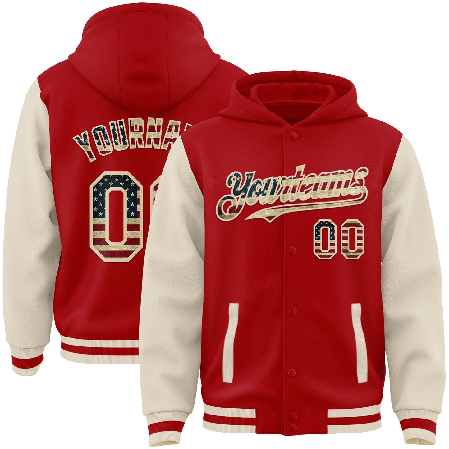 Custom Red Vintage USA Flag-Cream Bomber Full-Snap Varsity Letterman Two Tone Hoodie Jacket - Main View