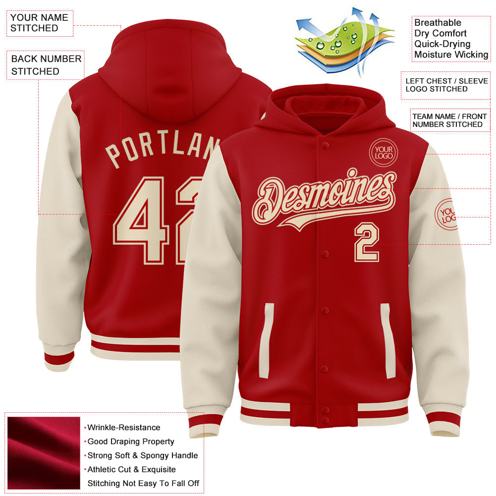 Custom Red Cream Bomber Full-Snap Varsity Letterman Two Tone Hoodie Jacket view 3