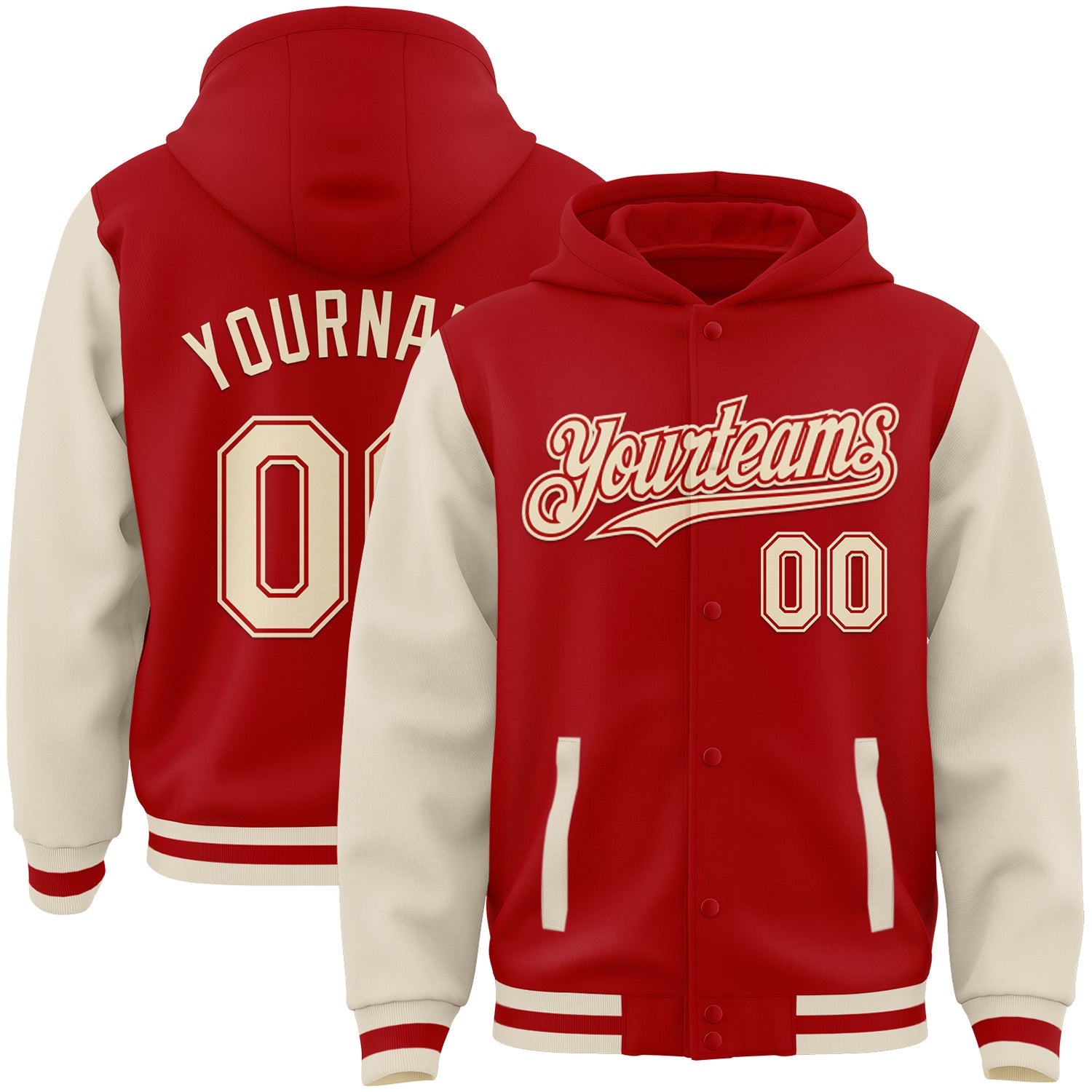 Custom Red Cream Bomber Full-Snap Varsity Letterman Two Tone Hoodie Jacket - Main View