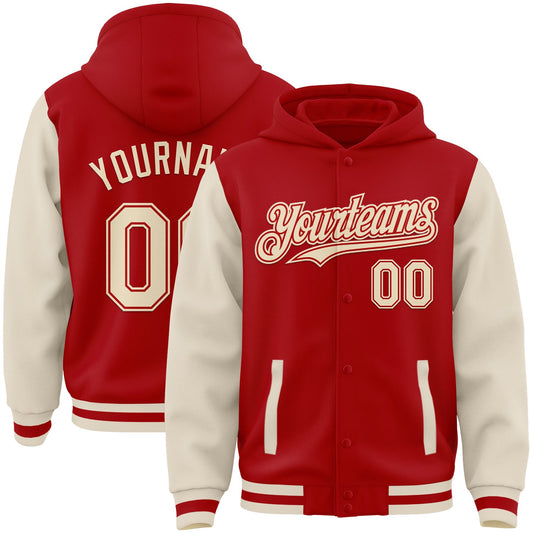 Custom Red Cream Bomber Full-Snap Varsity Letterman Two Tone Hoodie Jacket - Main View