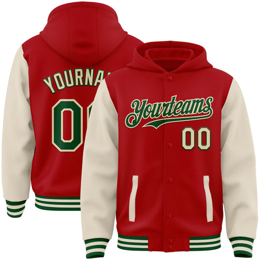 Custom Red Green-Cream Bomber Full-Snap Varsity Letterman Two Tone Hoodie Jacket - Main View