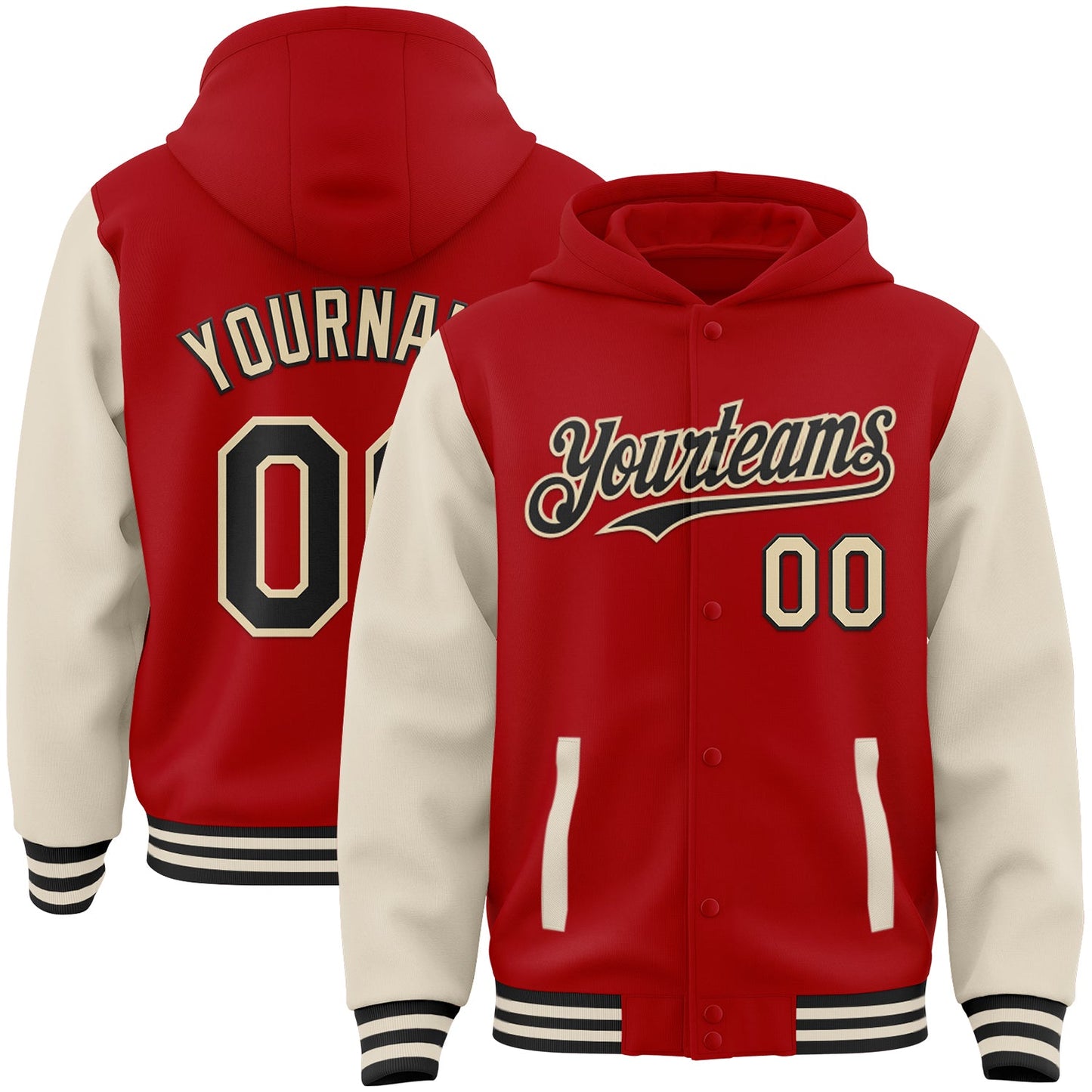 Custom Red Black-Cream Bomber Full-Snap Varsity Letterman Two Tone Hoodie Jacket - Main View