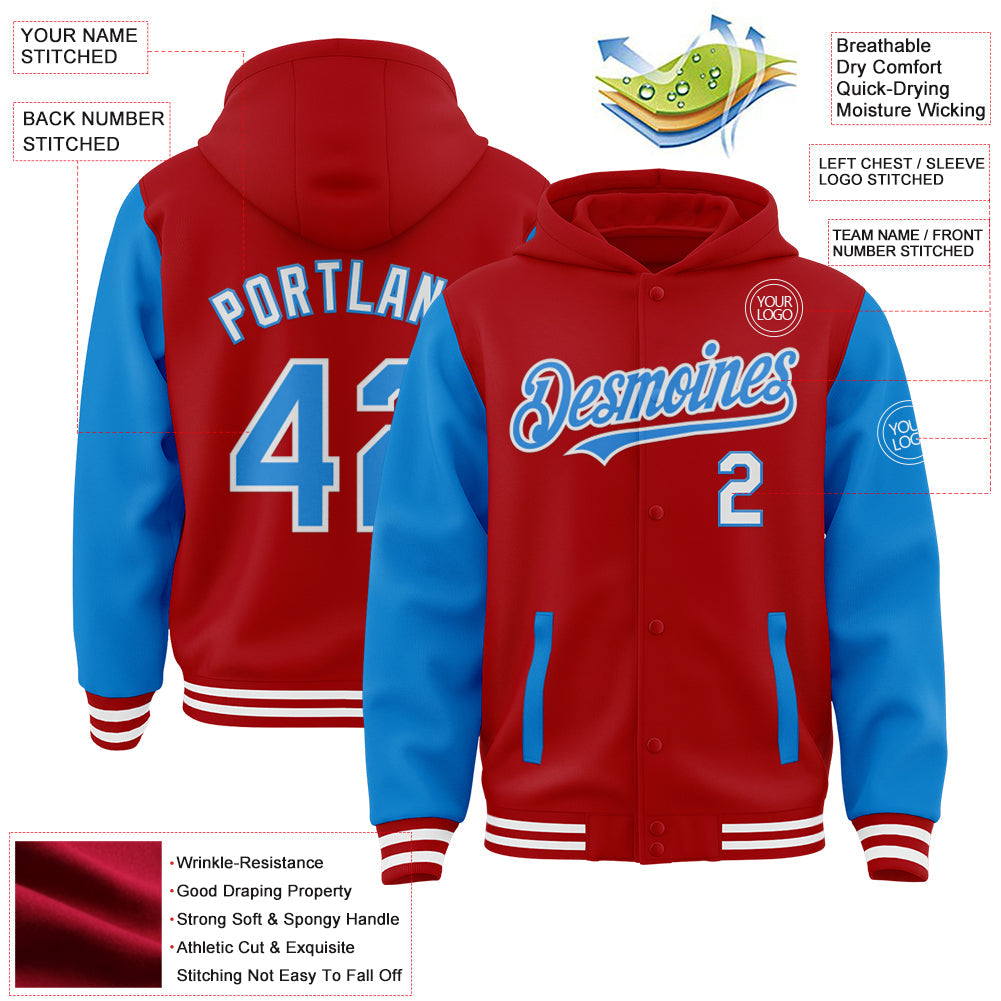 Custom Red Powder Blue-White Bomber Full-Snap Varsity Letterman Two Tone Hoodie Jacket view 3