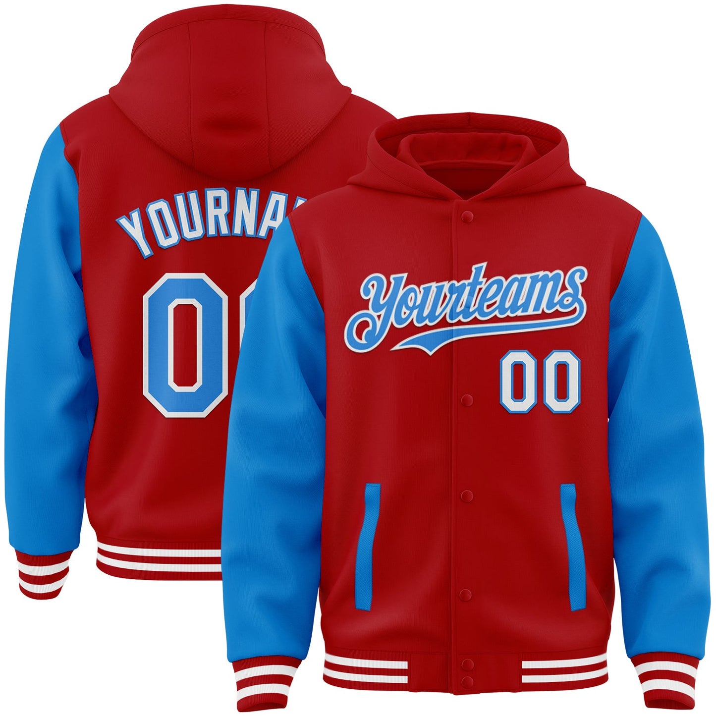 Custom Red Powder Blue-White Bomber Full-Snap Varsity Letterman Two Tone Hoodie Jacket - Main View