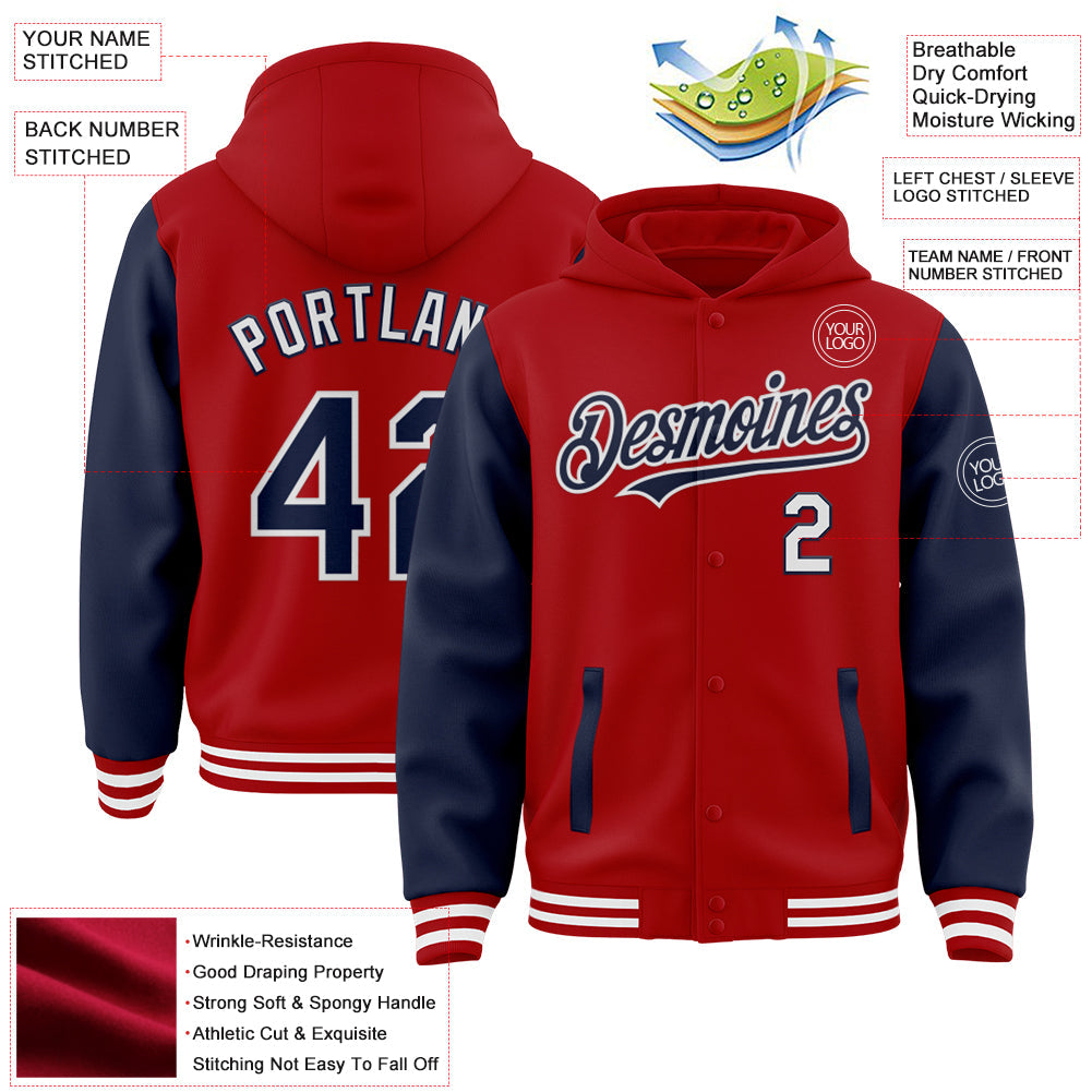 Custom Red Navy-White Bomber Full-Snap Varsity Letterman Two Tone Hoodie Jacket view 3