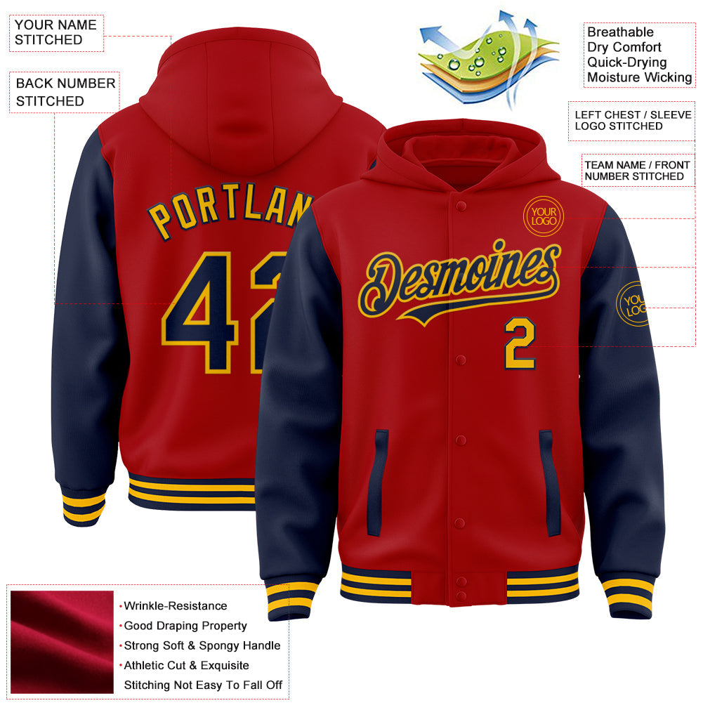 Custom Red Navy-Gold Bomber Full-Snap Varsity Letterman Two Tone Hoodie Jacket view 3