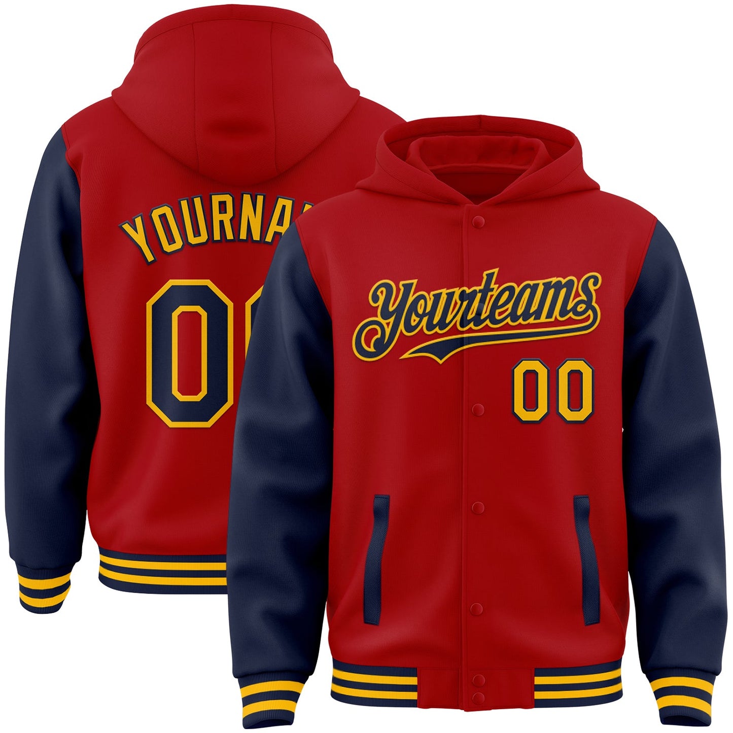 Custom Red Navy-Gold Bomber Full-Snap Varsity Letterman Two Tone Hoodie Jacket - Main View