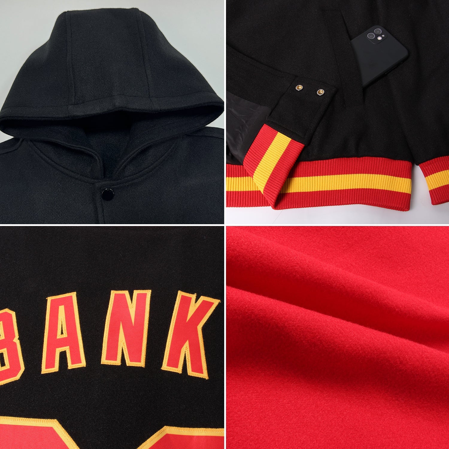 Custom Red White-Navy Bomber Full-Snap Varsity Letterman Two Tone Hoodie Jacket view 2