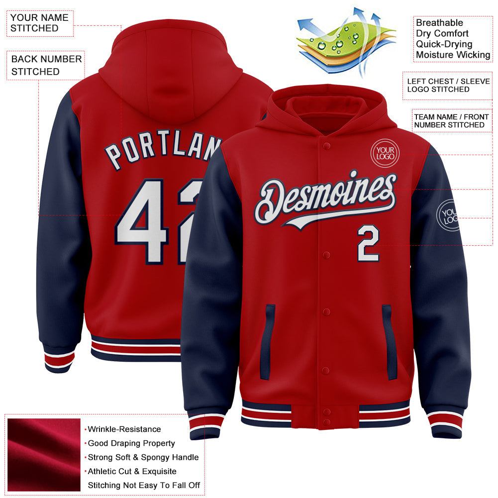 Custom Red White-Navy Bomber Full-Snap Varsity Letterman Two Tone Hoodie Jacket view 3