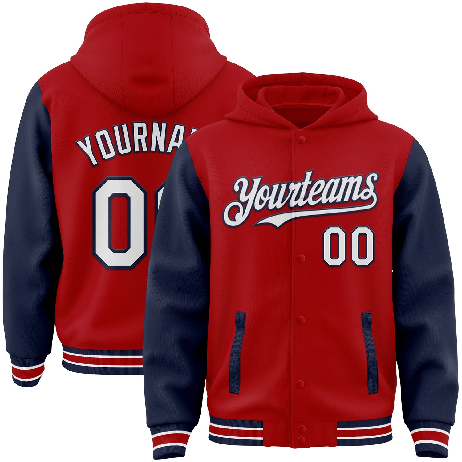 Custom Red White-Navy Bomber Full-Snap Varsity Letterman Two Tone Hoodie Jacket - Main View