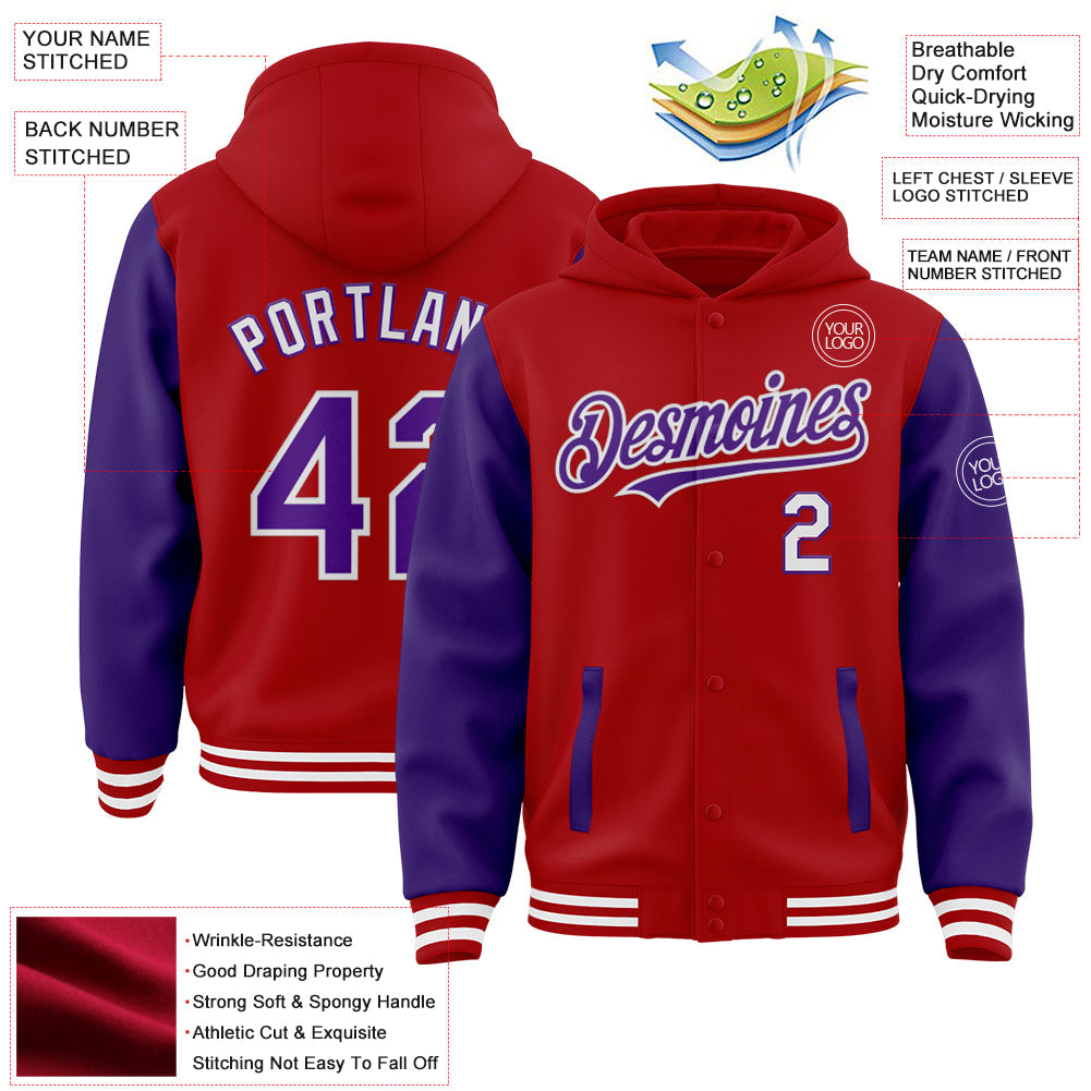 Custom Red Purple-White Bomber Full-Snap Varsity Letterman Two Tone Hoodie Jacket view 3