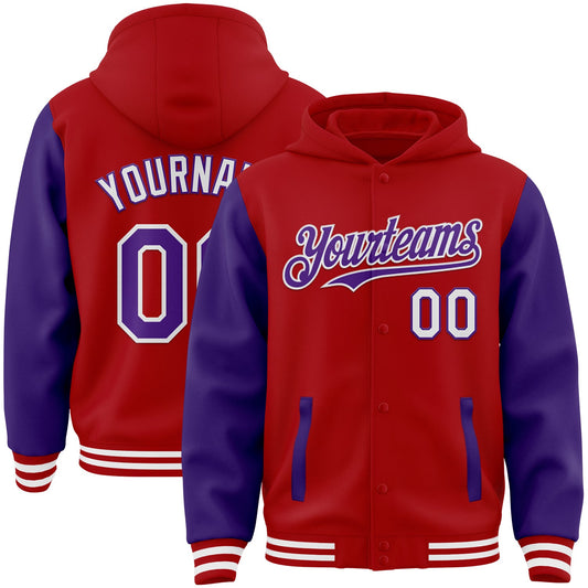 Custom Red Purple-White Bomber Full-Snap Varsity Letterman Two Tone Hoodie Jacket - Main View