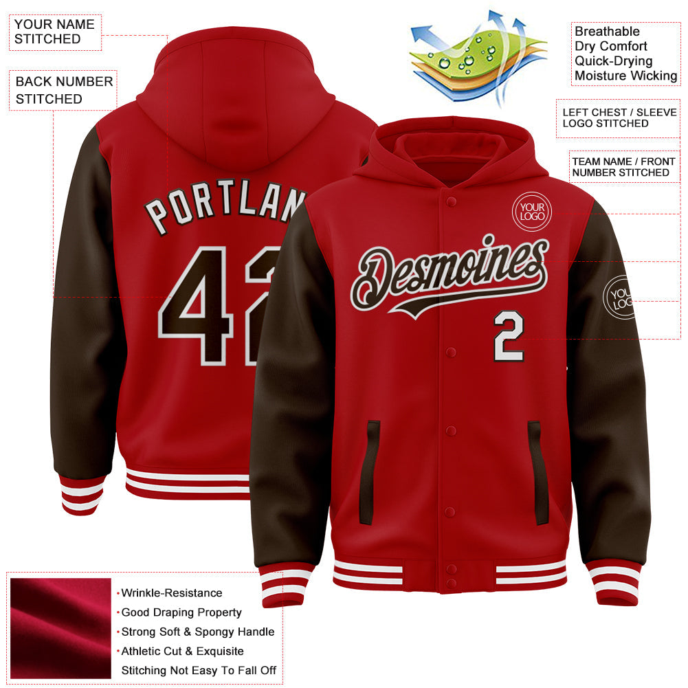 Custom Red Brown-White Bomber Full-Snap Varsity Letterman Two Tone Hoodie Jacket view 3
