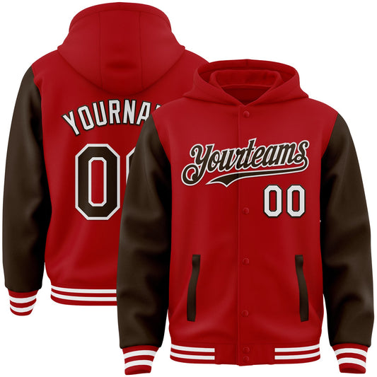 Custom Red Brown-White Bomber Full-Snap Varsity Letterman Two Tone Hoodie Jacket - Main View