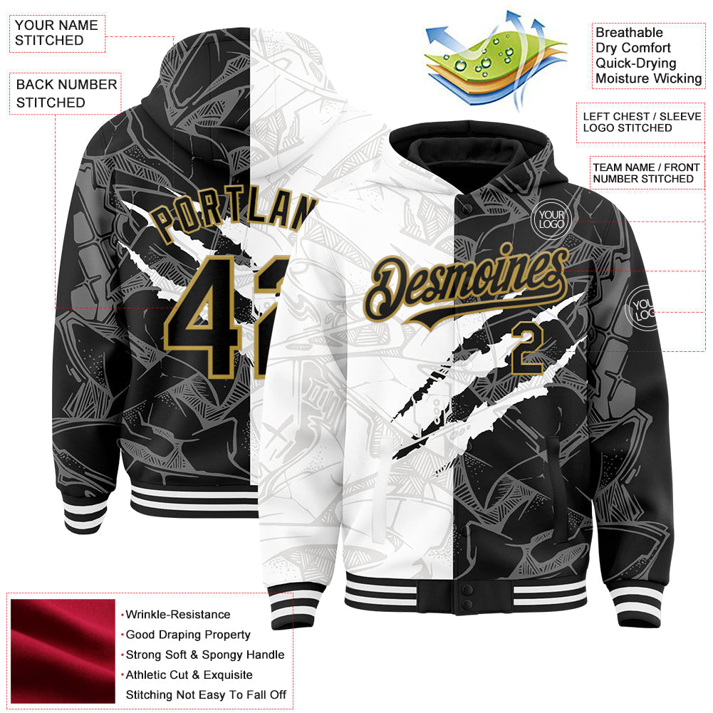 Custom Graffiti Pattern Black-Old Gold Scratch 3D Bomber Full-Snap Varsity Letterman Hoodie Jacket view 3