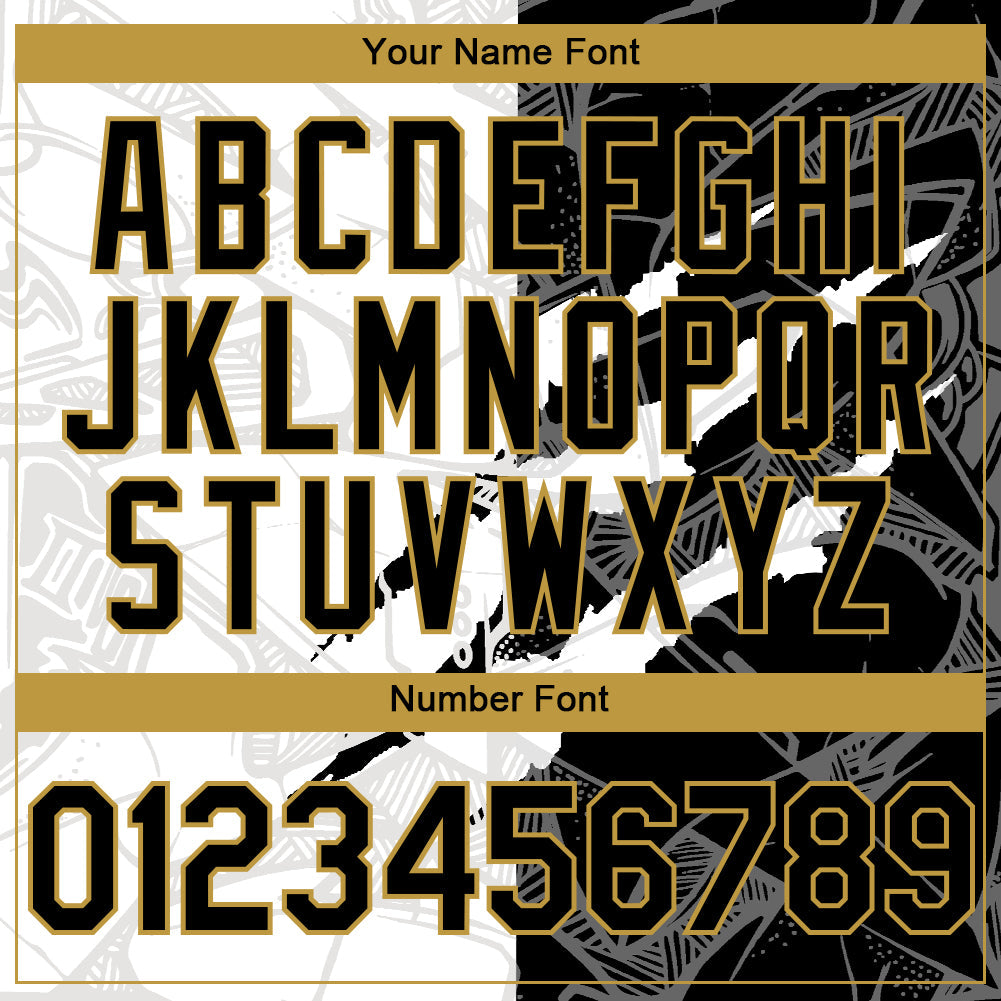 Custom Graffiti Pattern Black-Old Gold Scratch 3D Bomber Full-Snap Varsity Letterman Hoodie Jacket view 5