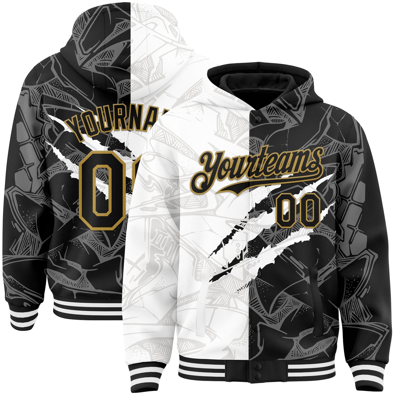 Custom Graffiti Pattern Black-Old Gold Scratch 3D Bomber Full-Snap Varsity Letterman Hoodie Jacket - Main View