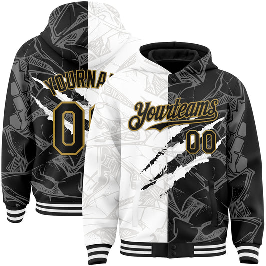 Custom Graffiti Pattern Black-Old Gold Scratch 3D Bomber Full-Snap Varsity Letterman Hoodie Jacket - Main View