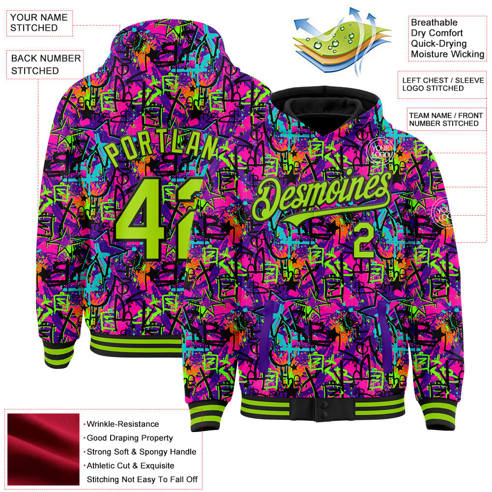 Custom Graffiti Pattern Neon Green-Black Splash 3D Bomber Full-Snap Varsity Letterman Hoodie Jacket view 3
