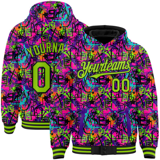 Custom Graffiti Pattern Neon Green-Black Splash 3D Bomber Full-Snap Varsity Letterman Hoodie Jacket - Main View