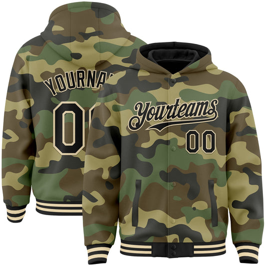 Custom Camo Black-Cream 3D Bomber Full-Snap Varsity Letterman Salute To Service Hoodie Jacket - Main View