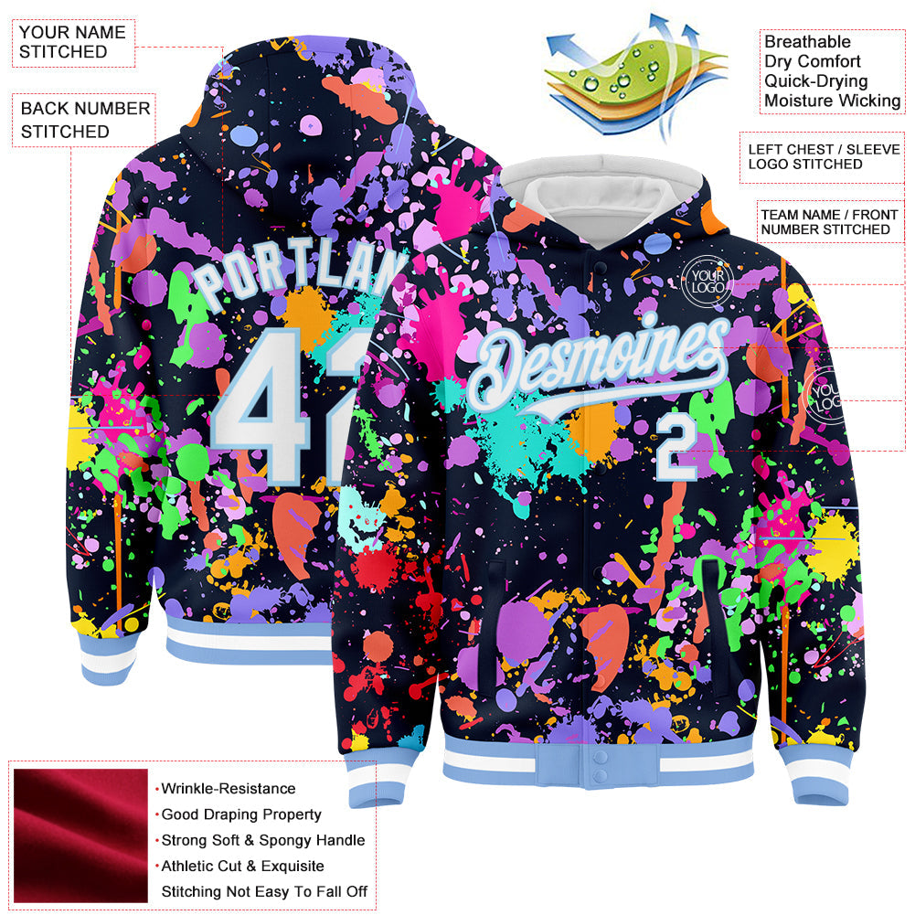 Custom Graffiti Pattern White-Light Blue Splash 3D Bomber Full-Snap Varsity Letterman Hoodie Jacket view 3