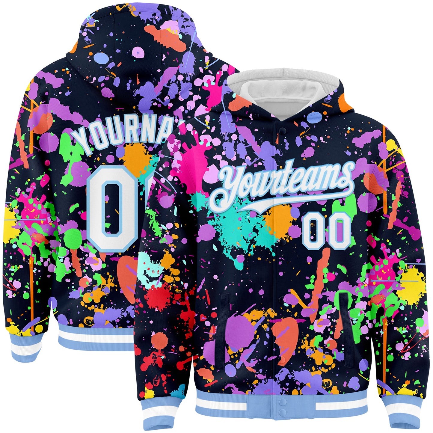 Custom Graffiti Pattern White-Light Blue Splash 3D Bomber Full-Snap Varsity Letterman Hoodie Jacket - Main View
