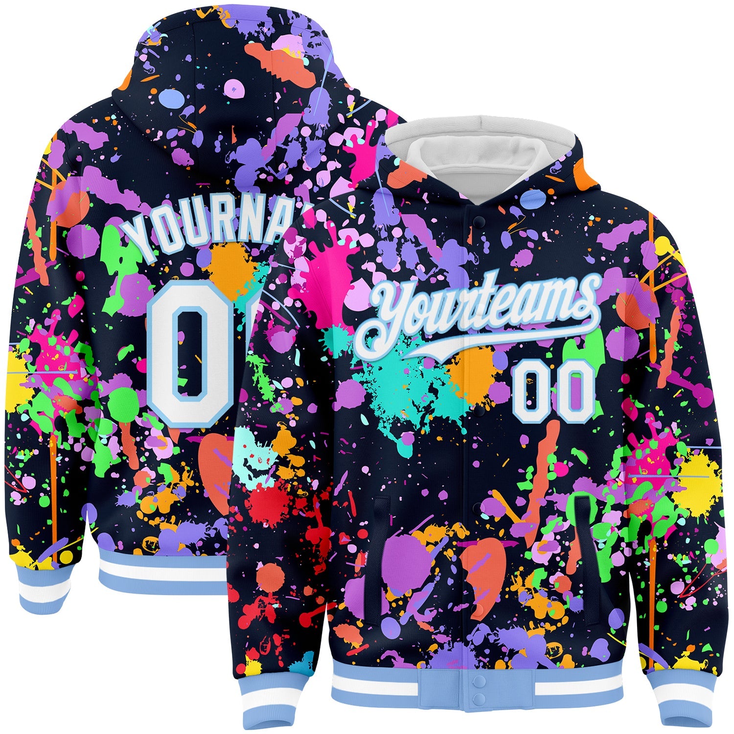 Custom Graffiti Pattern White-Light Blue Splash 3D Bomber Full-Snap Varsity Letterman Hoodie Jacket - Main View