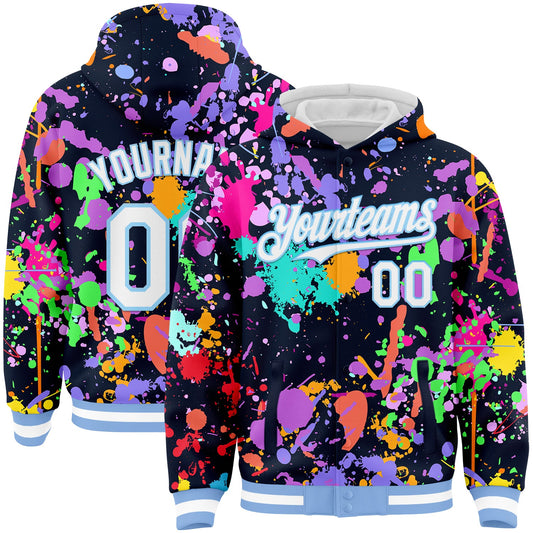 Custom Graffiti Pattern White-Light Blue Splash 3D Bomber Full-Snap Varsity Letterman Hoodie Jacket - Main View