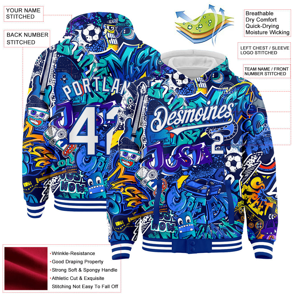 Custom Graffiti Pattern White-Royal Abstract Urban Street Art 3D Bomber Full-Snap Varsity Letterman Hoodie Jacket view 3