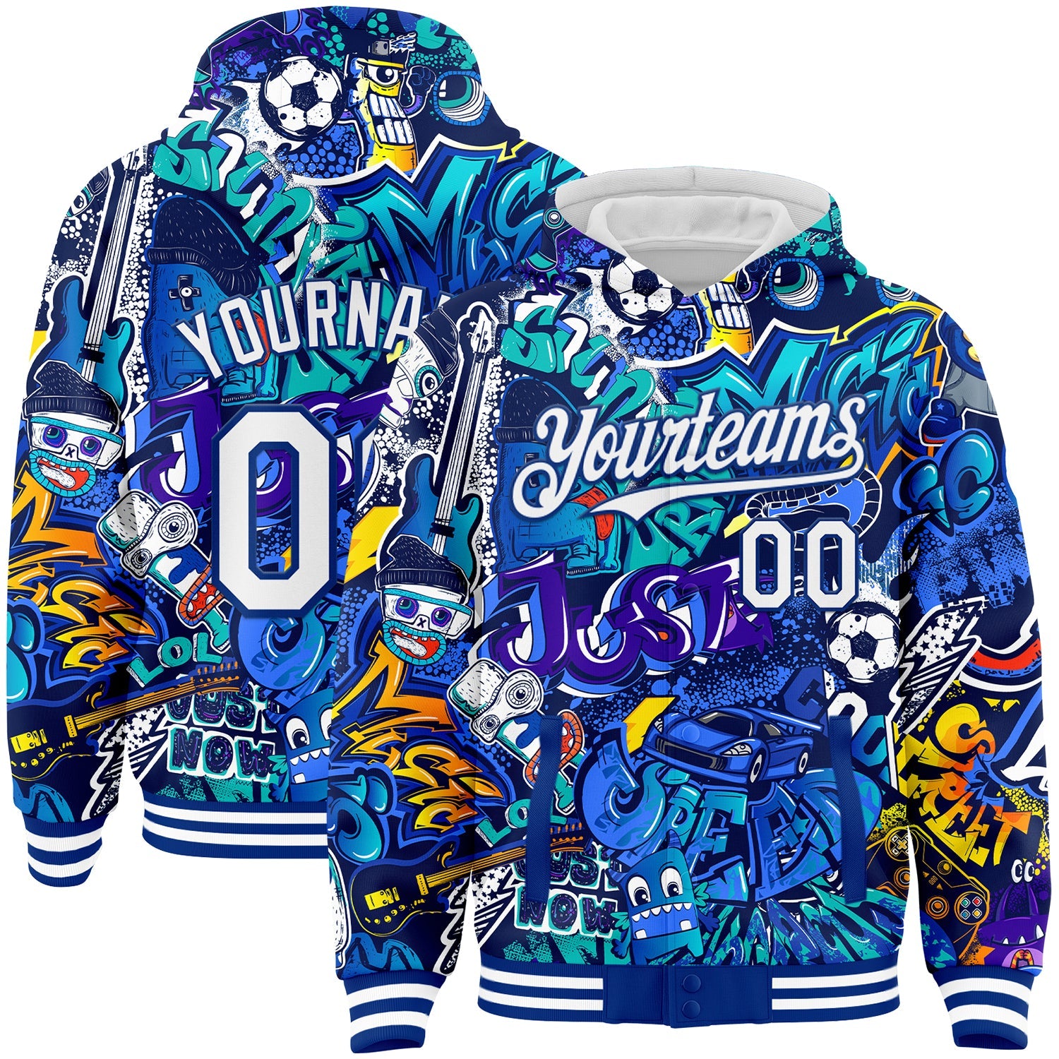 Custom Graffiti Pattern White-Royal Abstract Urban Street Art 3D Bomber Full-Snap Varsity Letterman Hoodie Jacket - Main View