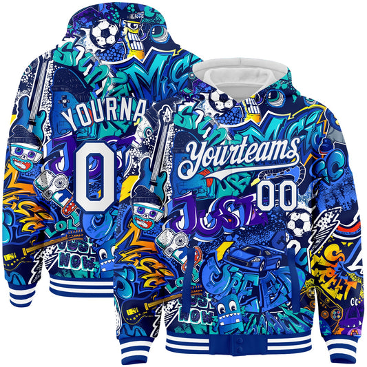 Custom Graffiti Pattern White-Royal Abstract Urban Street Art 3D Bomber Full-Snap Varsity Letterman Hoodie Jacket - Main View