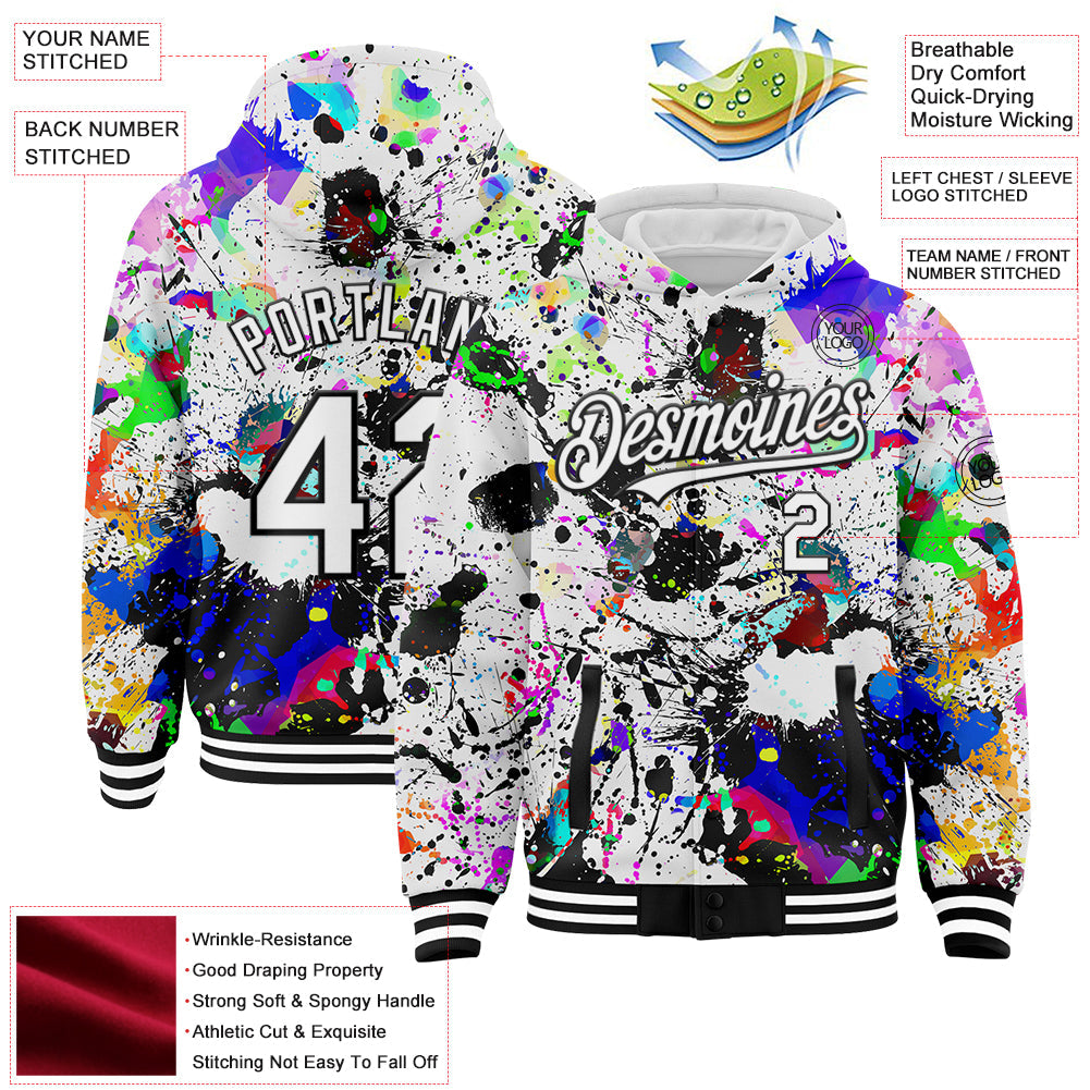 Custom Graffiti Pattern White-Black Splash 3D Bomber Full-Snap Varsity Letterman Hoodie Jacket view 3