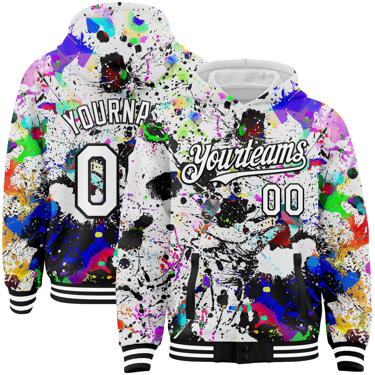 Custom Graffiti Pattern White-Black Splash 3D Bomber Full-Snap Varsity Letterman Hoodie Jacket - Main View