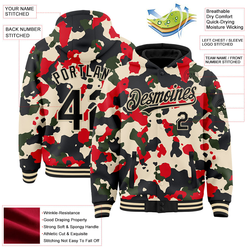 Custom Camo Black-Cream 3D Bomber Full-Snap Varsity Letterman Salute To Service Hoodie Jacket view 3