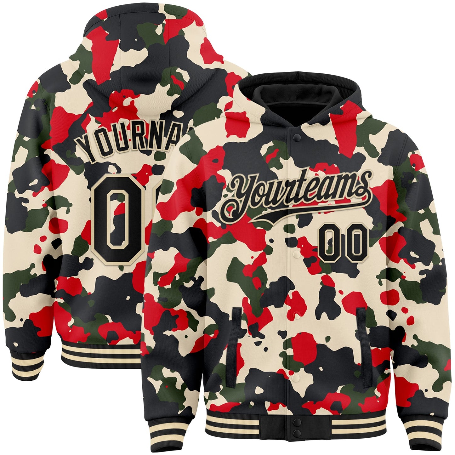 Custom Camo Black-Cream 3D Bomber Full-Snap Varsity Letterman Salute To Service Hoodie Jacket - Main View