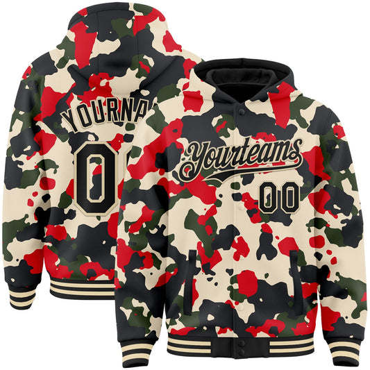 Custom Camo Black-Cream 3D Bomber Full-Snap Varsity Letterman Salute To Service Hoodie Jacket - Main View