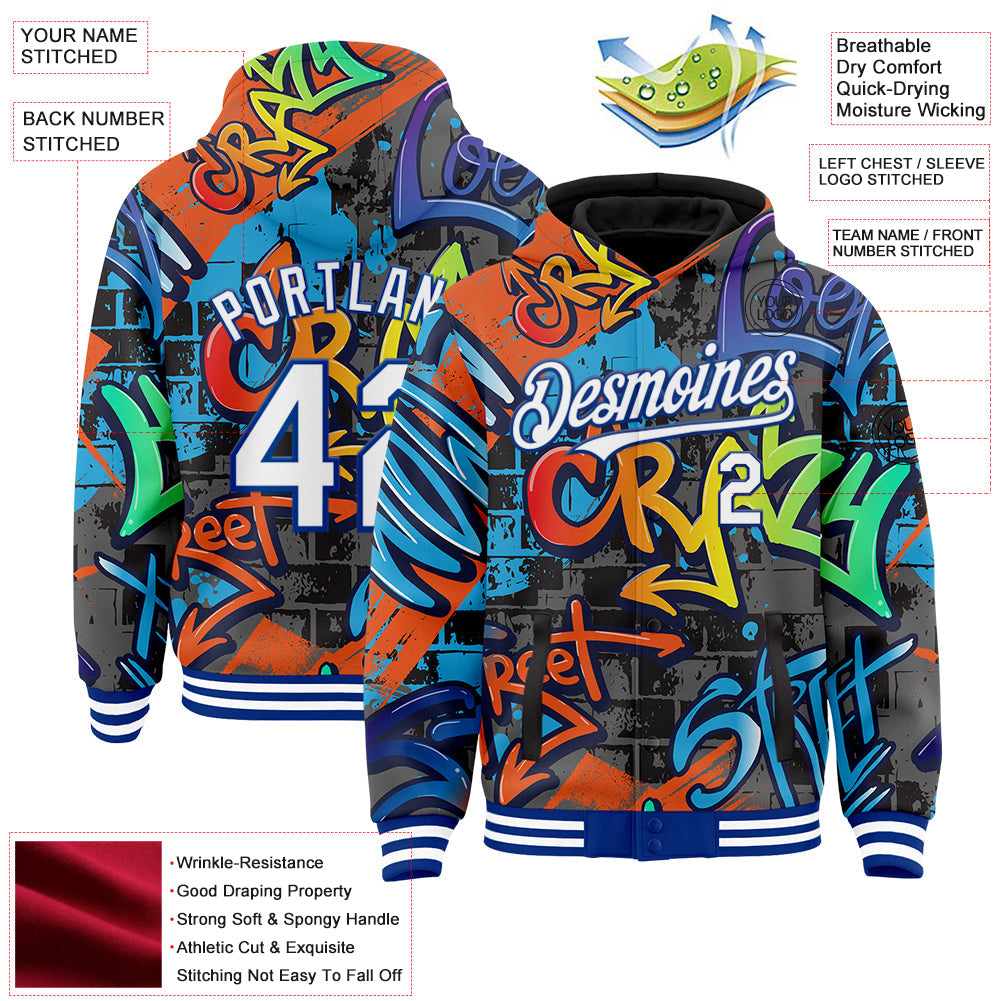 Custom Graffiti Pattern White-Royal Abstract Urban Street Art 3D Bomber Full-Snap Varsity Letterman Hoodie Jacket view 3