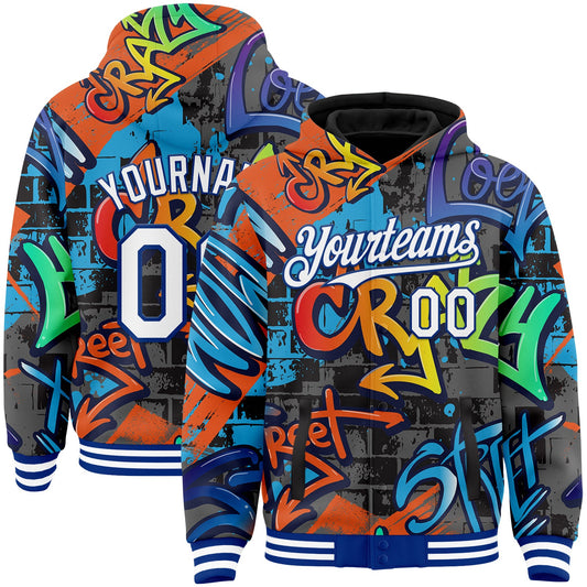 Custom Graffiti Pattern White-Royal Abstract Urban Street Art 3D Bomber Full-Snap Varsity Letterman Hoodie Jacket - Main View