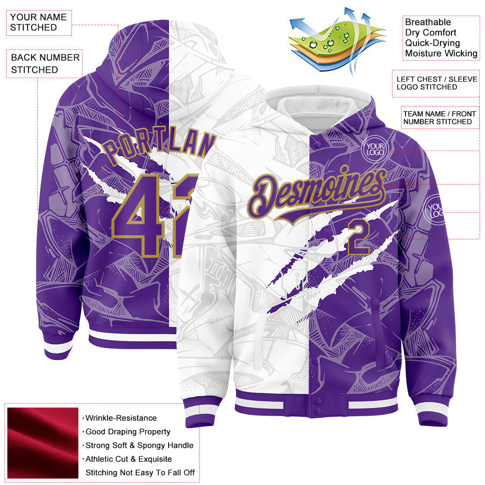 Custom Graffiti Pattern Purple-Old Gold Scratch 3D Bomber Full-Snap Varsity Letterman Hoodie Jacket view 3