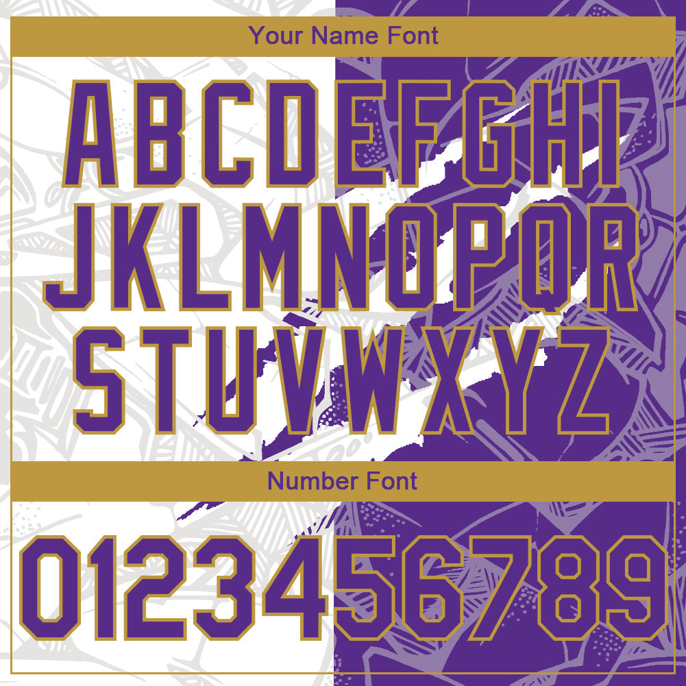 Custom Graffiti Pattern Purple-Old Gold Scratch 3D Bomber Full-Snap Varsity Letterman Hoodie Jacket view 5