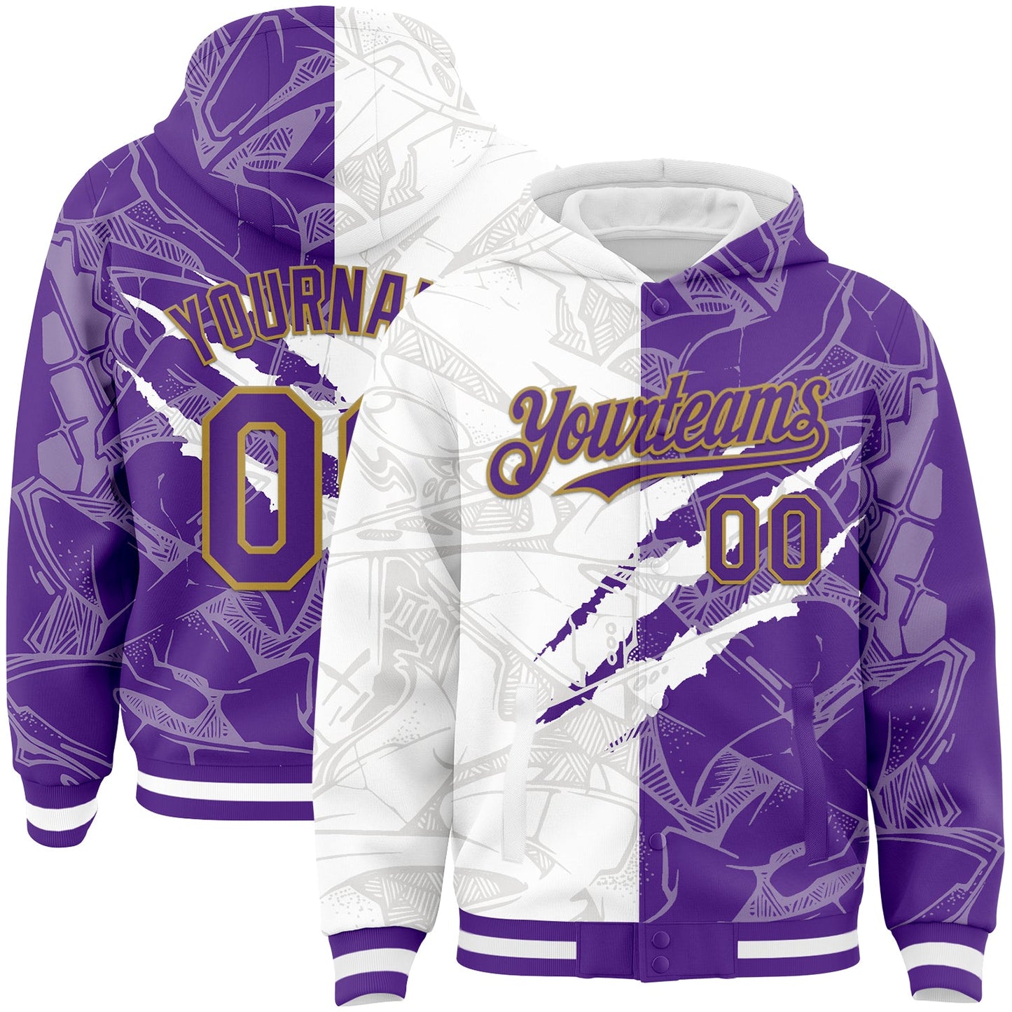 Custom Graffiti Pattern Purple-Old Gold Scratch 3D Bomber Full-Snap Varsity Letterman Hoodie Jacket - Main View