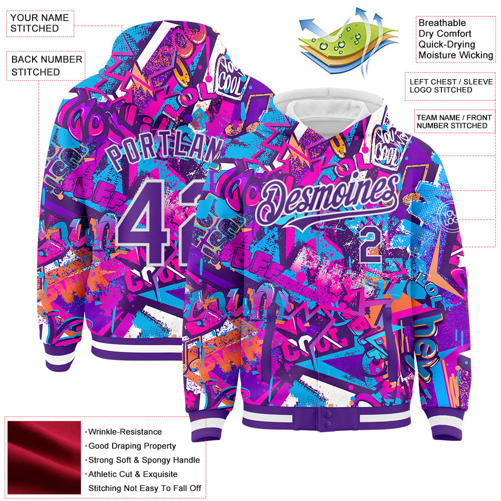Custom Graffiti Pattern Purple-White Splash 3D Bomber Full-Snap Varsity Letterman Hoodie Jacket view 3